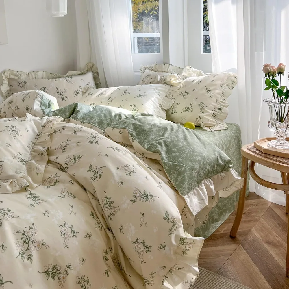 Reversible Sage Green Floral Cotton Duvet Cover Set Queen Ruffle Lace 3PCs