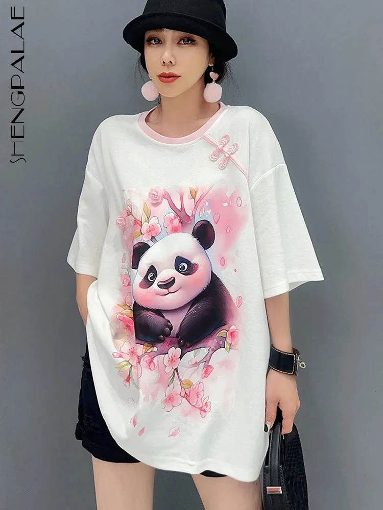 

SHENGPALAE 2024 Summer New Printed White T-shirt Panda Button Casual Cute Loose Fashion Chic Beautiful Women Top Clothes 5R9784