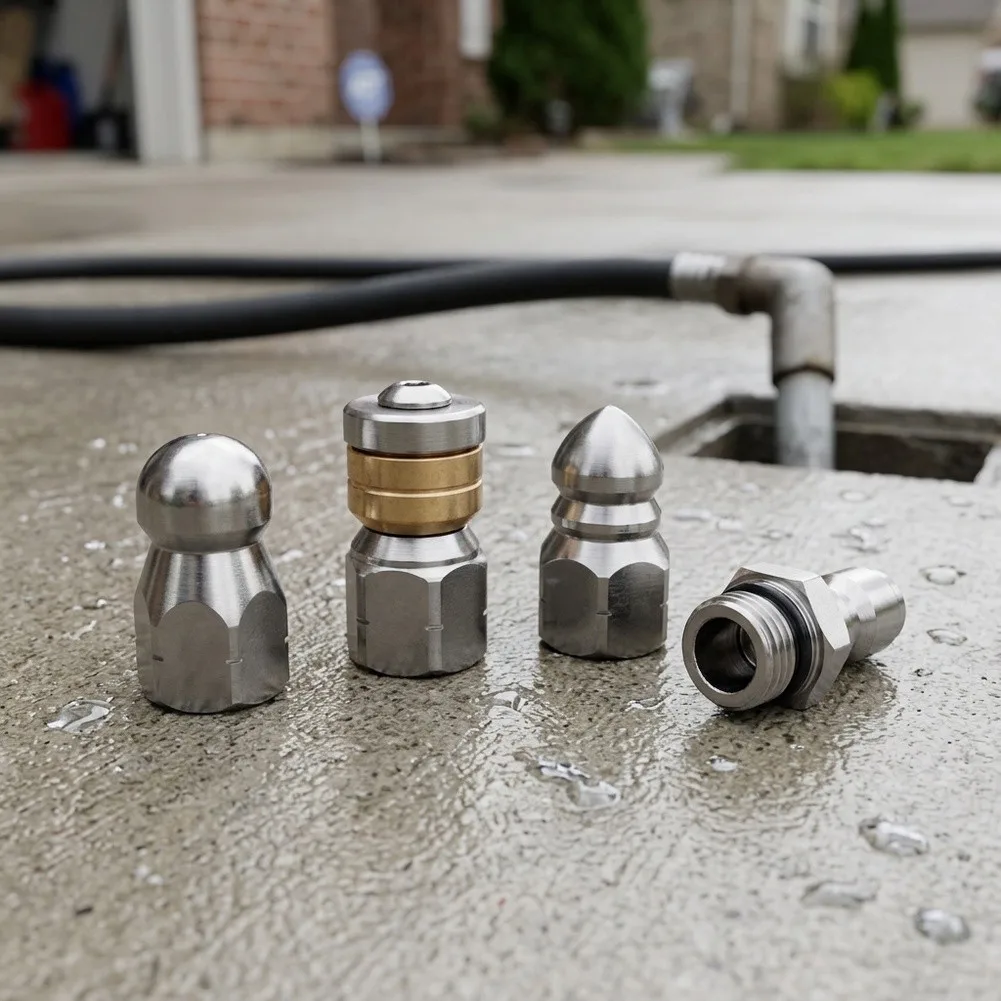 Stainless Steel High Pressure Nozzle Kit 4 Piece Set for Drain Cleaning with Varied Aperture and Jet Orientation