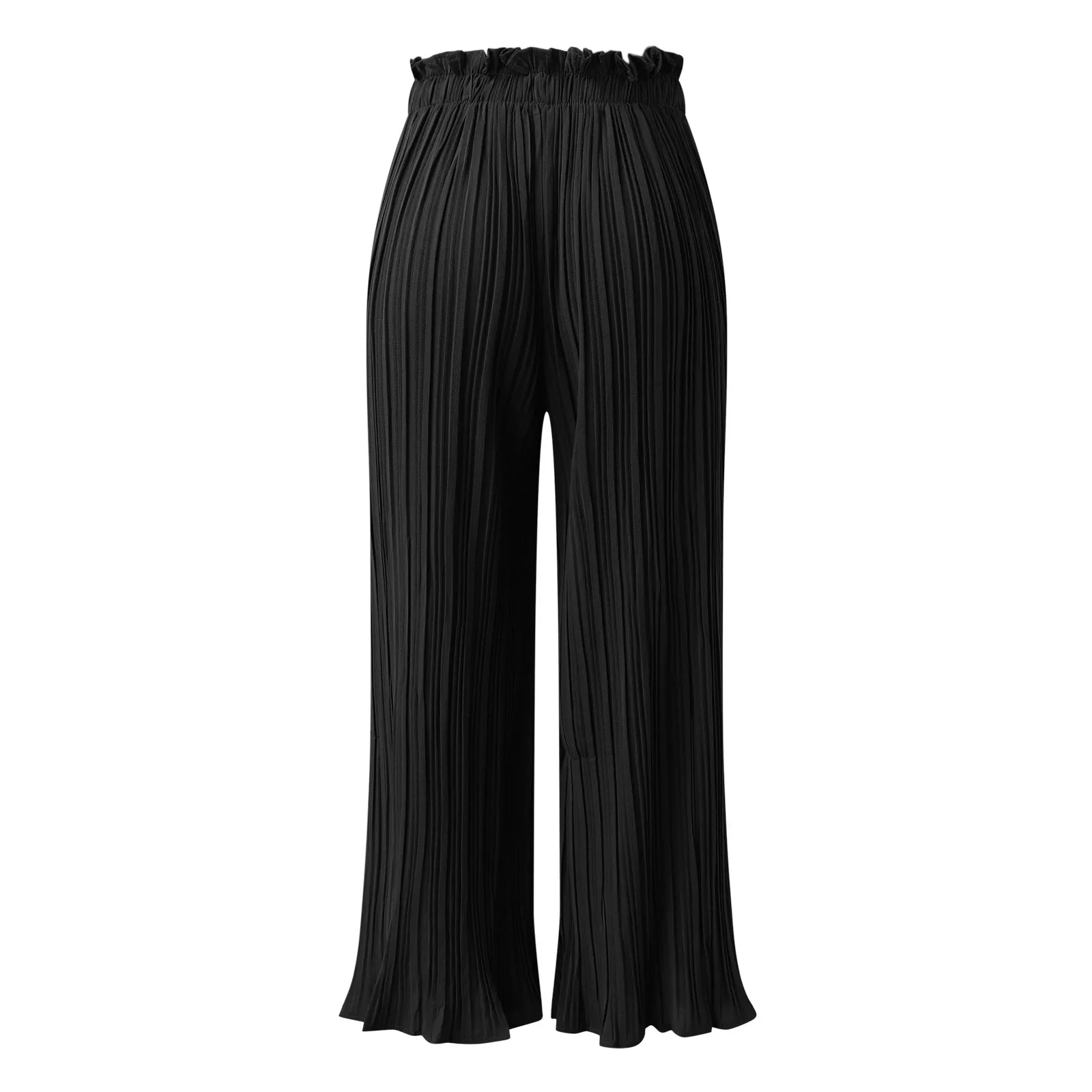 Pantaloni palazzo larghi da donna a gamba larga tinta unita neri con volant pantaloni casual larghi a pieghe con coulisse a vita alta