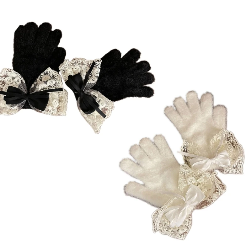 

634C Y2K Bow Winter Warm Gloves Furry Full Finger Gloves with Elegant Lace Cold Weather Insulated Outdoor