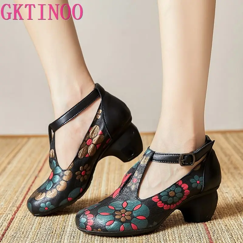 GKTINOO Pumps Women Shoes Genuine Leather Round Toe Printing 2024 New Autumn Retro Handmade Concise Comfortable Ladies Shoes