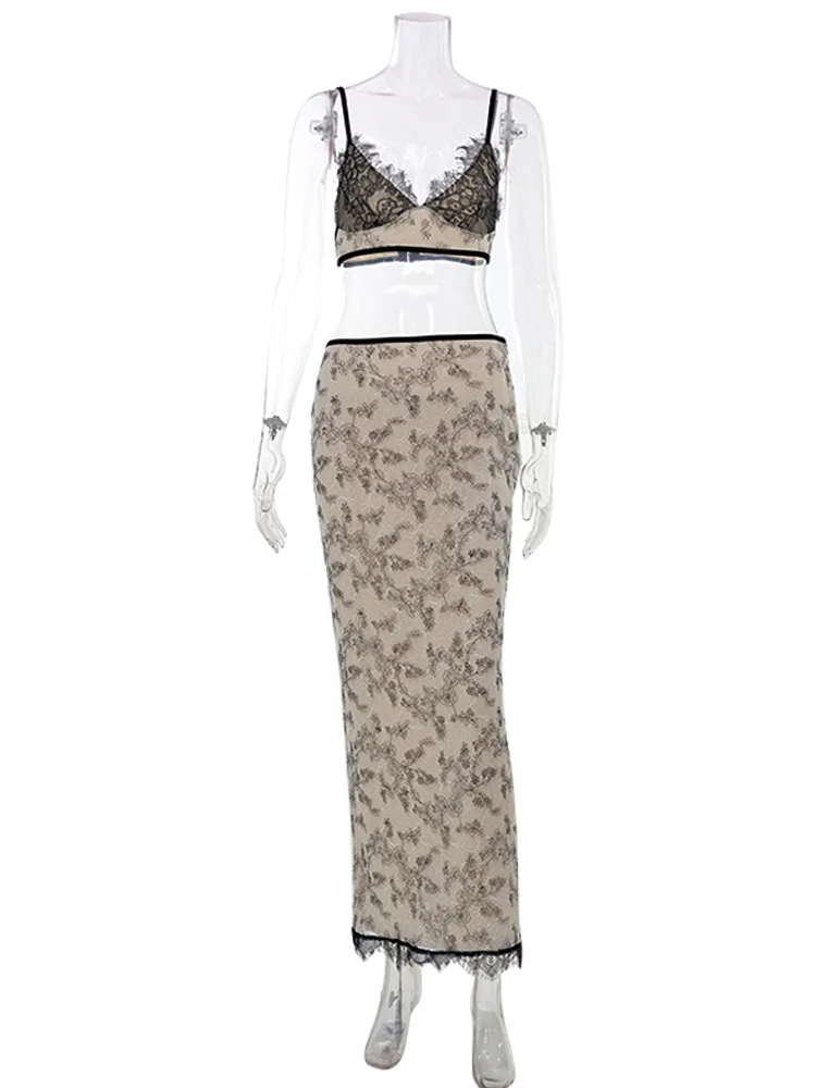 Ahagaga Chic Women 2 Piece Set Sexy Floral Lace Patchwork (Crop Top+Bodycon Skirt) Slim Streetwear Outfits Hot Girl Tracksuits image 6