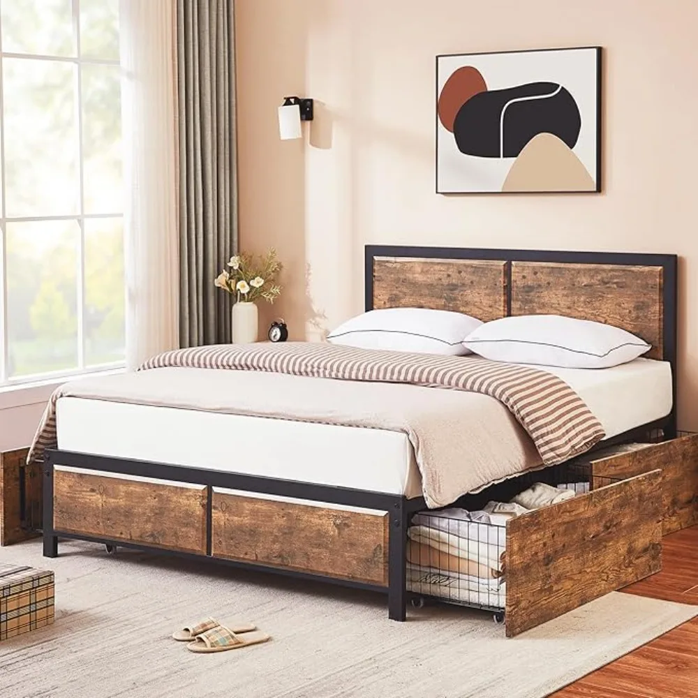 All Size Bed Frame with 4 Storage Drawers and Wood Headboard, No Box Spring Needed, Heavy Duty Slats Support, Easy Assembly