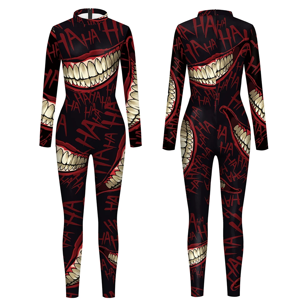 Terrifying Teeth Pattern Jumpsuit Halloween Funny Cosplay Costume Women Bodysuit Carnival Party Catsuit Elastic Cos Clothing