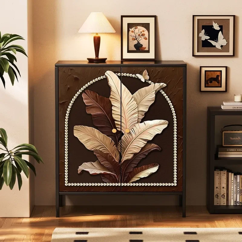 for Retro Art Leaf Pattern Double Door Chest Cabinet Living Room Bedroom Sofa Side Locker Metal Large Capacity Storage