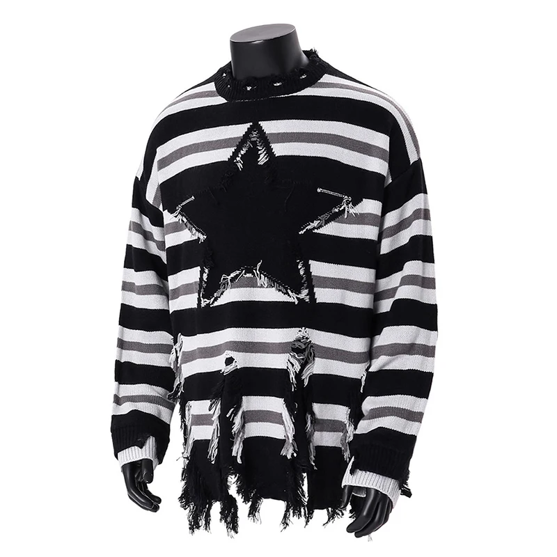 Y2K Mens Knitting Sweater 2025 Spring Autumn New Fashion Striped Stars Ripped Design Knit Jupers Men Vintage Knitted Sweaters