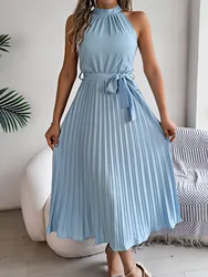 Msfilia Solid Sleeveless Standing Collar Waist Cinched Pleated Long Dress Women's Spring Summer Long Dresses