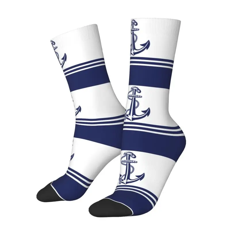 Custom Navy Blue Stripes Nautical Anchor 5 Men Women Crew Socks Unisex Kawaii 3D Printing Dress Socks