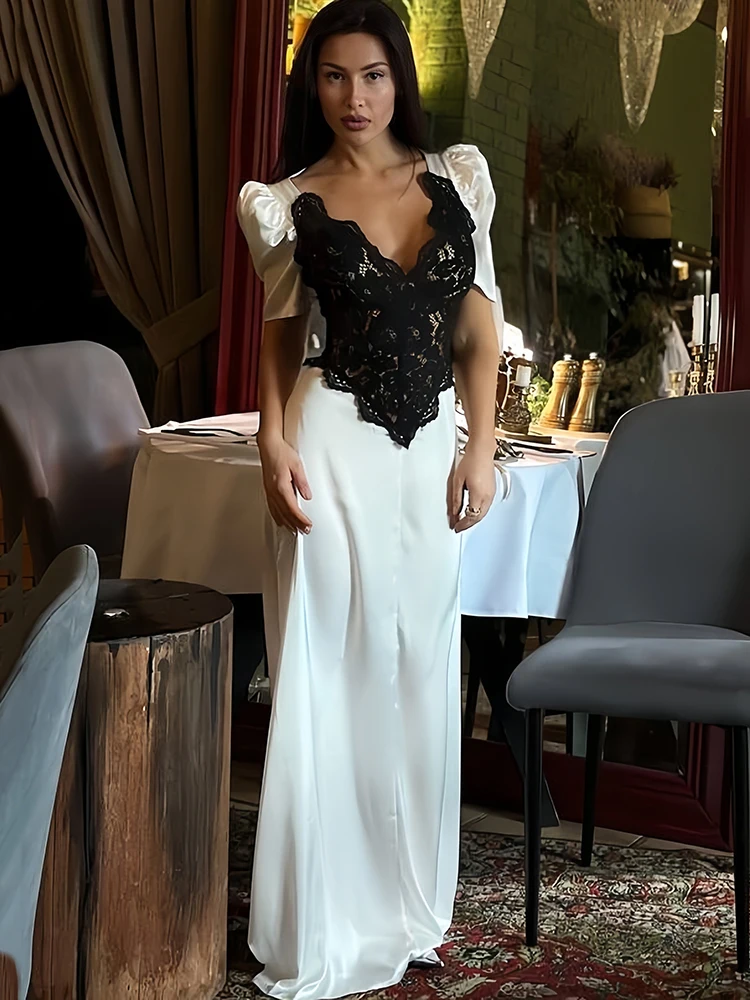 

Oniflyme Lace Patchwork Satin Maxi Dress Women Contrast Color V Neck Short Sleeve Elegant Party Dresses Lady Outfits Vestido