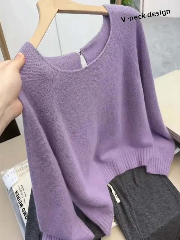 

Soft Purple Knitted One-oulder Sweater Women's Spring New plus Size Slimming Comfortable Korean Sle Long Sve Top