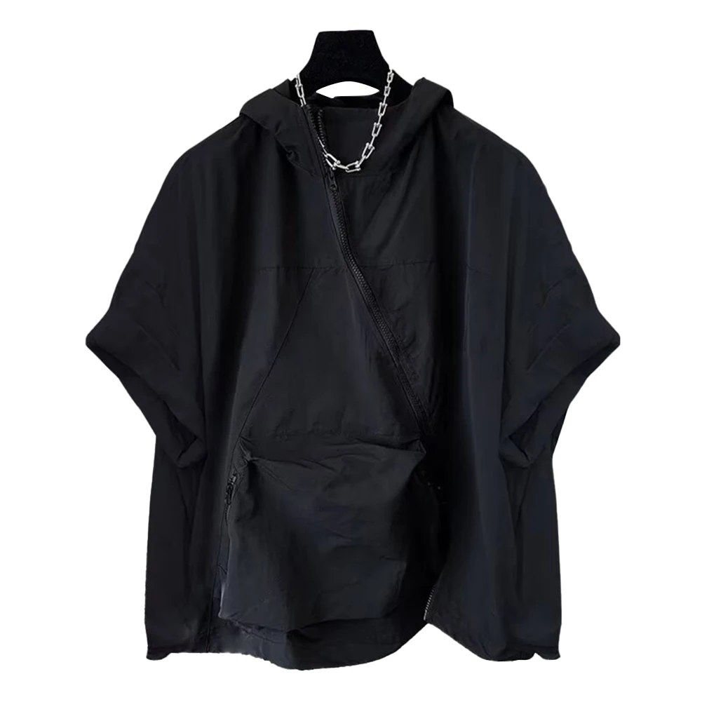 top-t-shirt-holiday-hooded-loose-top-solid-summer-black-vacation-casual-daily-diagonal-men-oversized-polyester