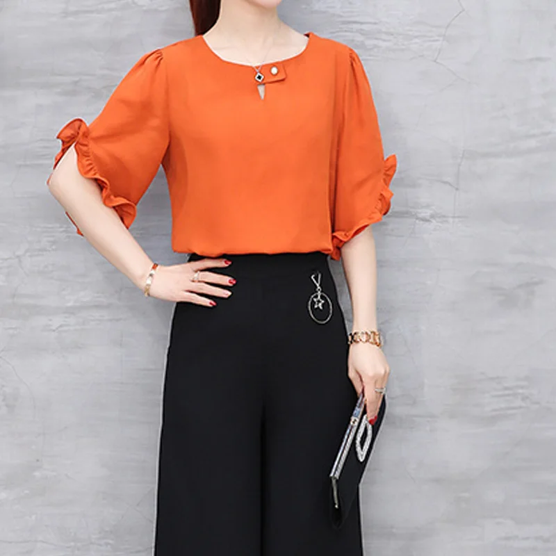 Blus sifon leher O, Atasan kemeja Kantor tipis Semua cocok lengan pendek warna Solid, blus musim panas