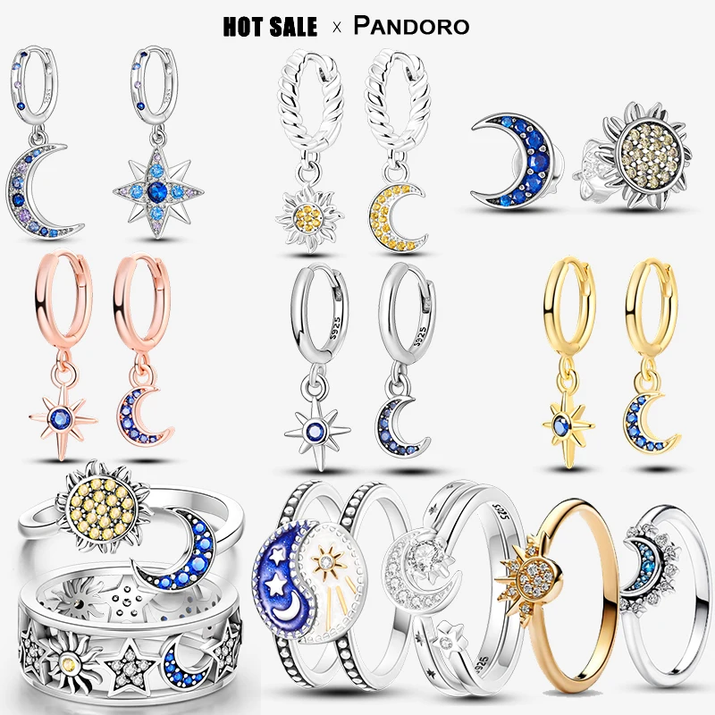 Juego de pendientes de anillo de sol y luna a juego, joyería compatible con Pandora, combinación de sol brillante de dos colores, pendientes de anillo de plata 925