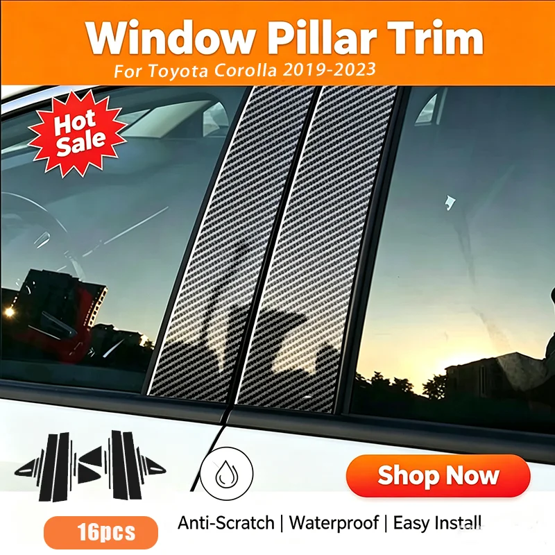 For Toyota Corolla Sedan 2019-2023 Window Pillar Posts Trim Cover, 16Pcs Glossy Black B C Column Stickers, Car Exterior Accessor