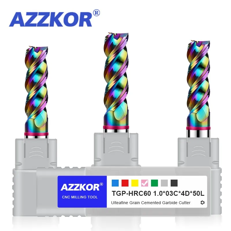 AZZKOR 3-Flute Colorful Coating Tungsten Steel Carbide Aluminum Flat Bottom Endmills CNC Machining Milling Cutter TGP-HRC60