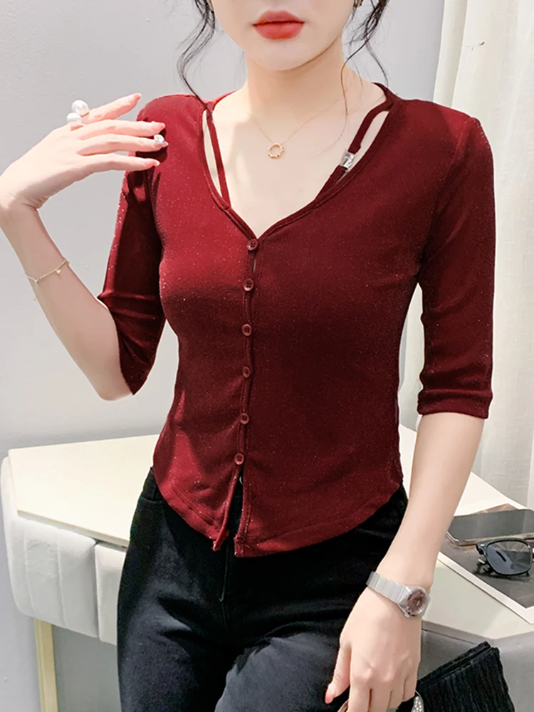 Bla Me Camiseta feminina verão sexy profundo V-ne apertado assimétrico fenda cinco quartos Sve Street Sle Slim Fit T-irt