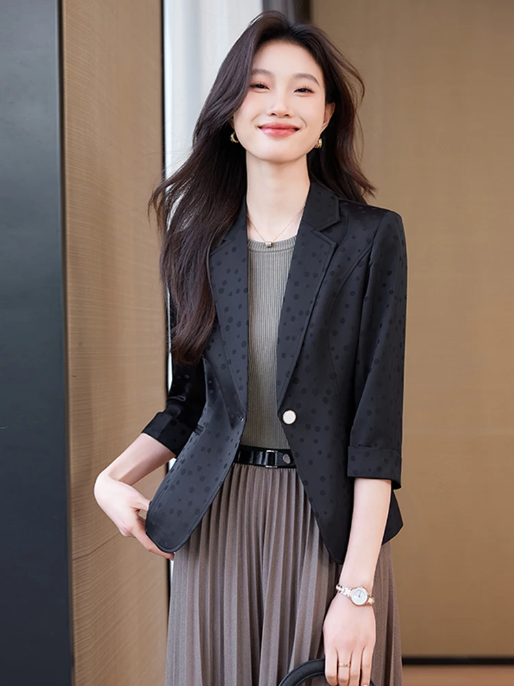 

Black Polka Dot Slim Fit Commute Style Women's Jacket Three Quarter Sleeve Button up Business Casual Spring Summer
