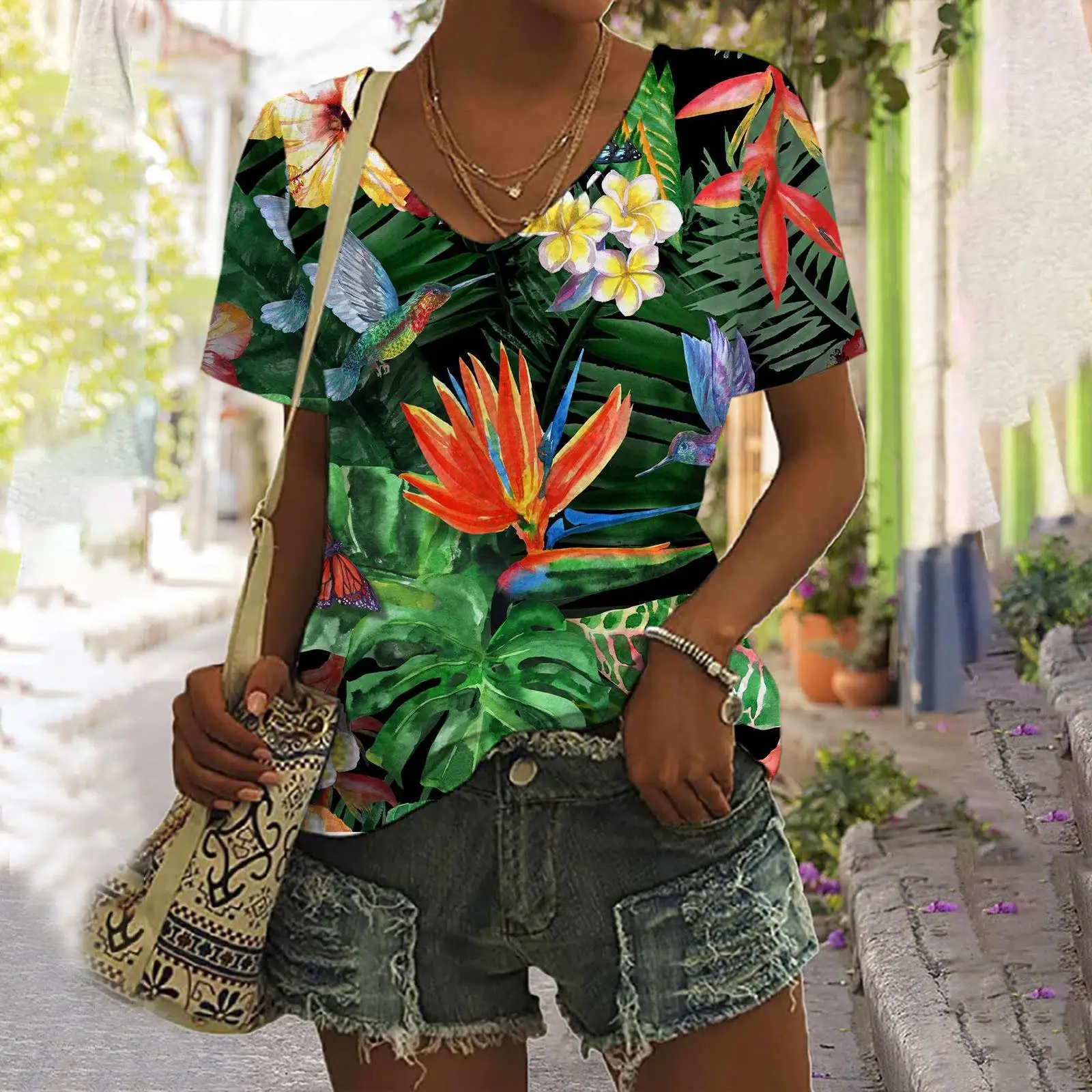 Floral Tropical Plants T-Shirts Parrot 3D Print Women V-Neck Short Sleeve T Shirt Oversized Harajuku Y2k Top Tees Woman Clothing