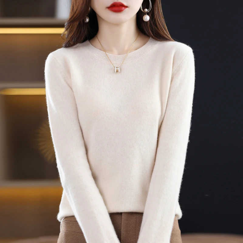 Autumn and winter new 100% pure wool cashmere sweater female O-neck pullover solid color casual knit top female Korean version