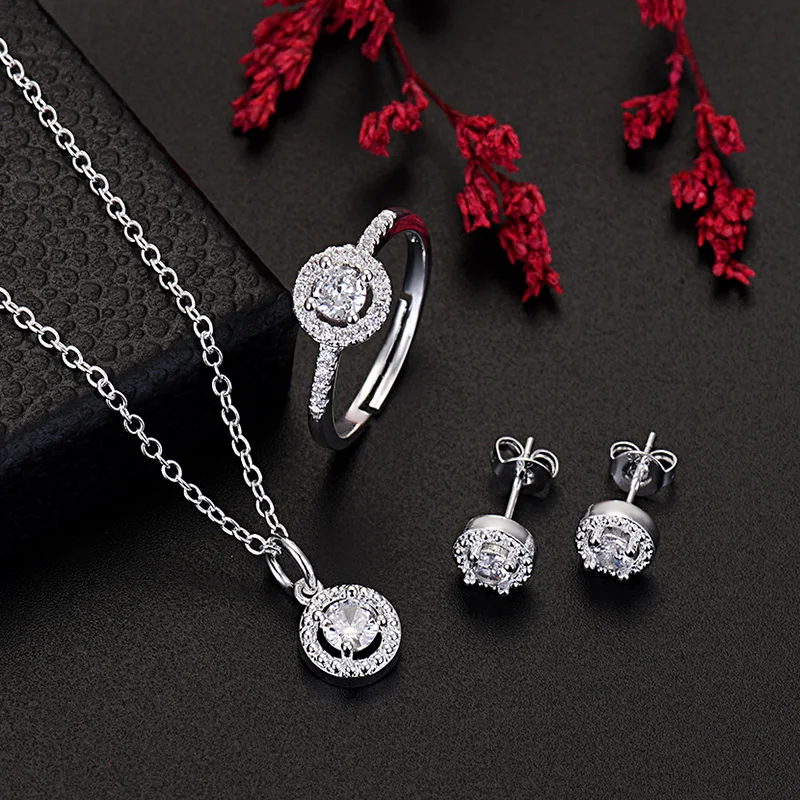 Official website 925 sterling silver fashionable charm luxurious wedding party jewelry women zircon necklace ring earring set