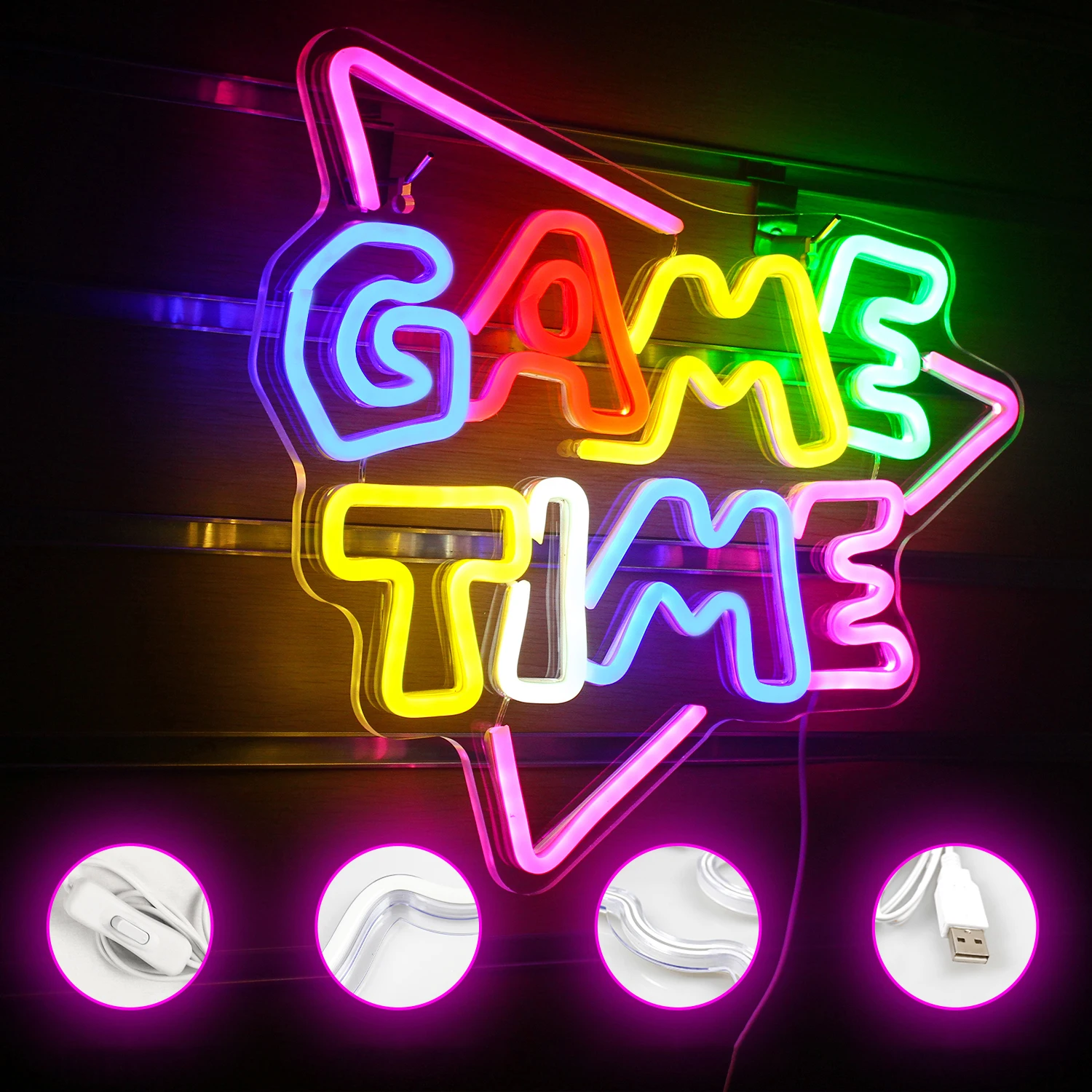 Game Time Neon Led Sign Kolorowe oświetlenie do pokoju gier Zasilana przez USB neonowa lampa ścienna do sypialni Prezenty urodzinowe dla graczy