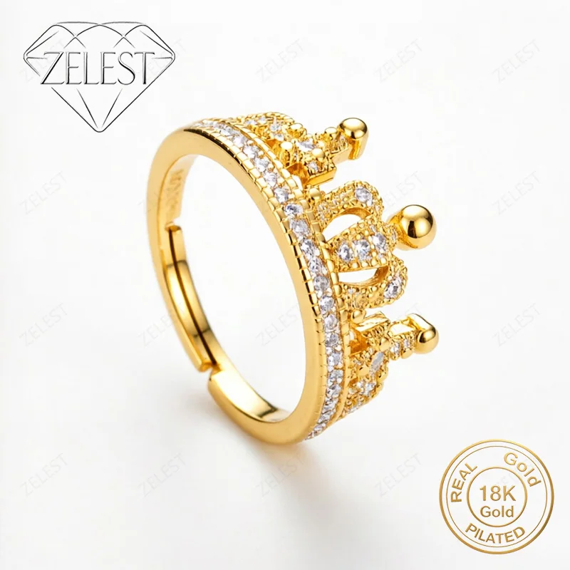 925 Sterling Silver 18K Gold Plated Luxury Crown Zircon Ring - Women's Fashion Accessory, Party Gift Jewelry