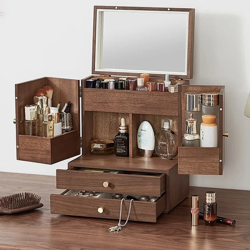 Black Walnut Square Makeup Organizer Multi-Layer Large Capacity Storage Box with HD Mirror Stand