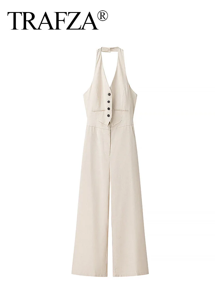 

TRAFZA 2025 Women High Street V-Neck Sleeveless Jumpsuits Beige Backless Single-Breasted Women's Spring Pockets Jumpsuits