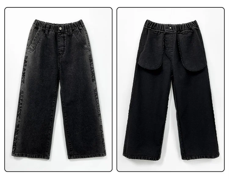 Frühlings- und Herbst-Kinderjeans in Schwarz, lockere gerade Hosen für Jungen, weite Denim-Hosen für Teenager. – Detail 14