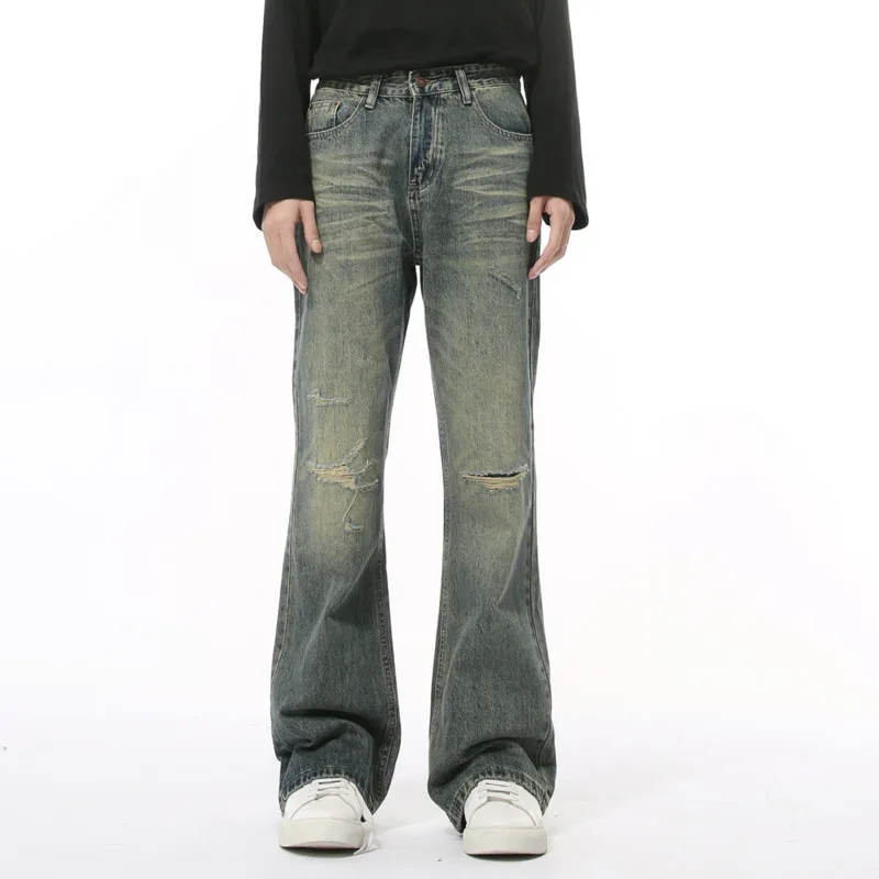 남성용 가을 신제품: 하이 스트리트 피어싱 바지, 루즈 와이드 레그, 워싱 및 중고 스트레이트 튜브 마이크로 풀 팬츠 S-XL