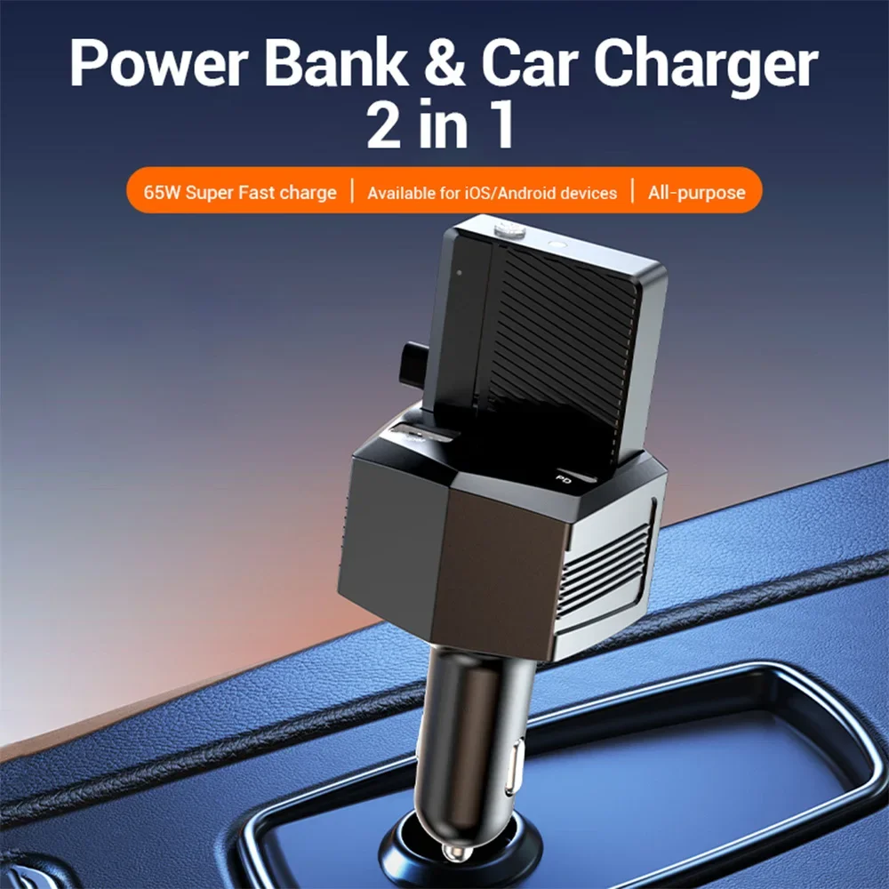 2025 New Car Charger 2 in 1 Portable Charger 2000mAh for Apple and Android Phones 65 Watt Fast Charging with Flashlight Function