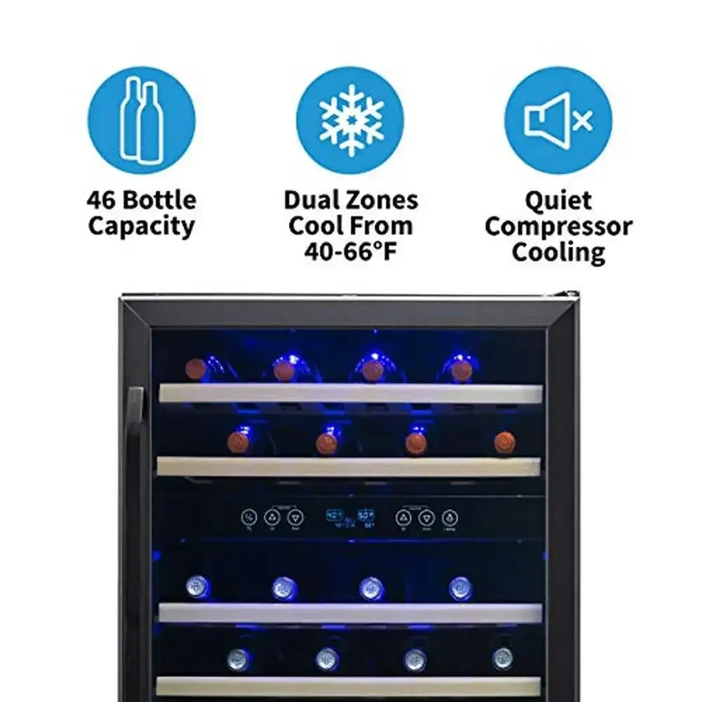 46 Bottle Dual Zone Wine Refrigerator Built-in Small Wine Fridge Black Stainless Steel Mini Cooler Triple-Tempered Glass Door