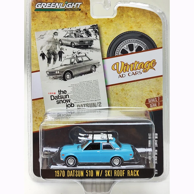 グリーンライトアロイカーモデルとスキールーフラック、1:64、1970 datsun 510、クラシックコレクション、静的ディスプレイ、男の子へのギフト、おもちゃスポット、大人