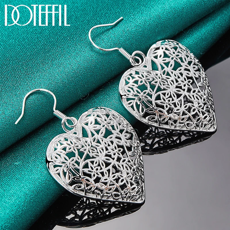 DOTEFFIL 925 Sterling Silver Hollow Heart Flower Earrings For Women Best Gift Wedding Engagement Jewelry