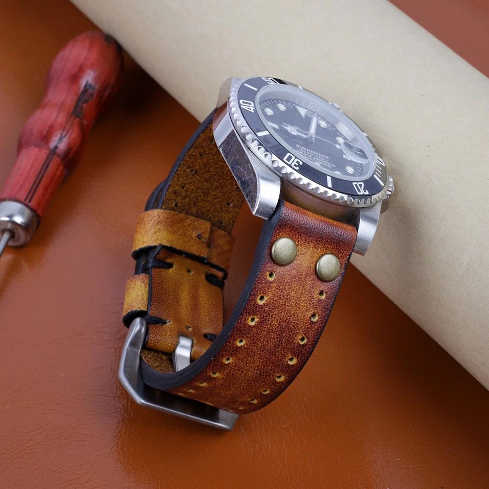 Vintage Leather Watch Strap With Rivets 18mm 20mm 22mm 24mm Classical Watchband With Carved Buckle Handmade Wristband Belts