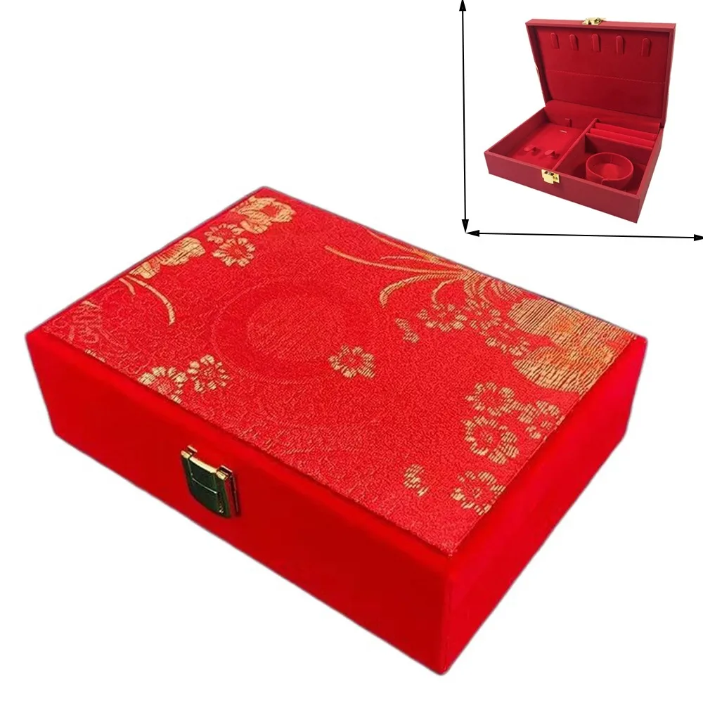 

Dragon and Phoenix Golden Jewelry Set Storage Box Velvet Red Wedding Jewelry Display Box Soft Lining with Clasp Closure