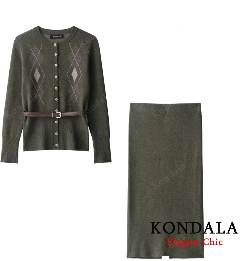 

KONDALA Women Elegant Chic Knitted Skirt Set Sashes Long Sleeve Top Elastic Waist Skirt 2025 Autumn Fashion Casual Mujer Set