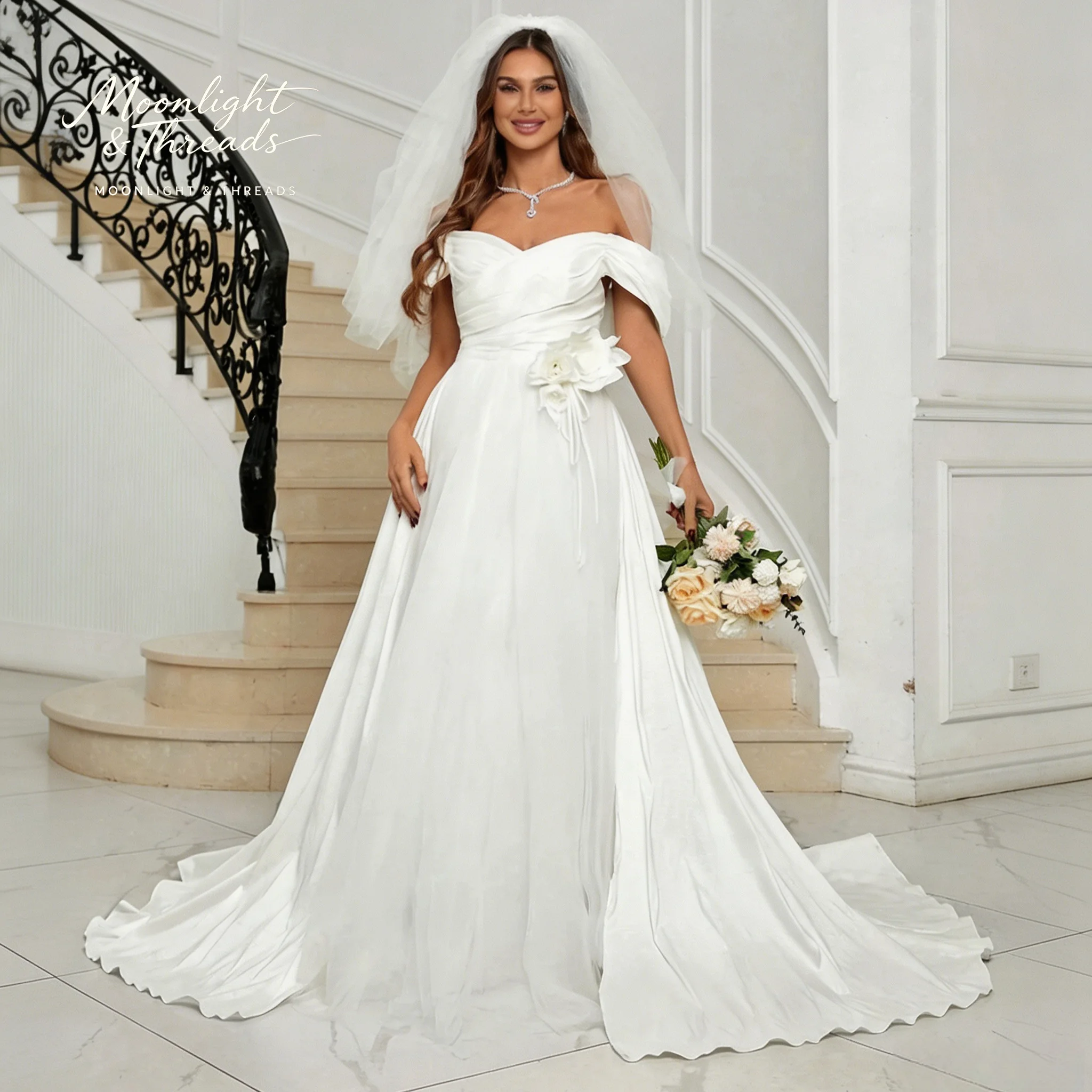 

White Satin Strapless A-Line Dress Formal Wedding Gown with Full Train Elegant Bridal Dress