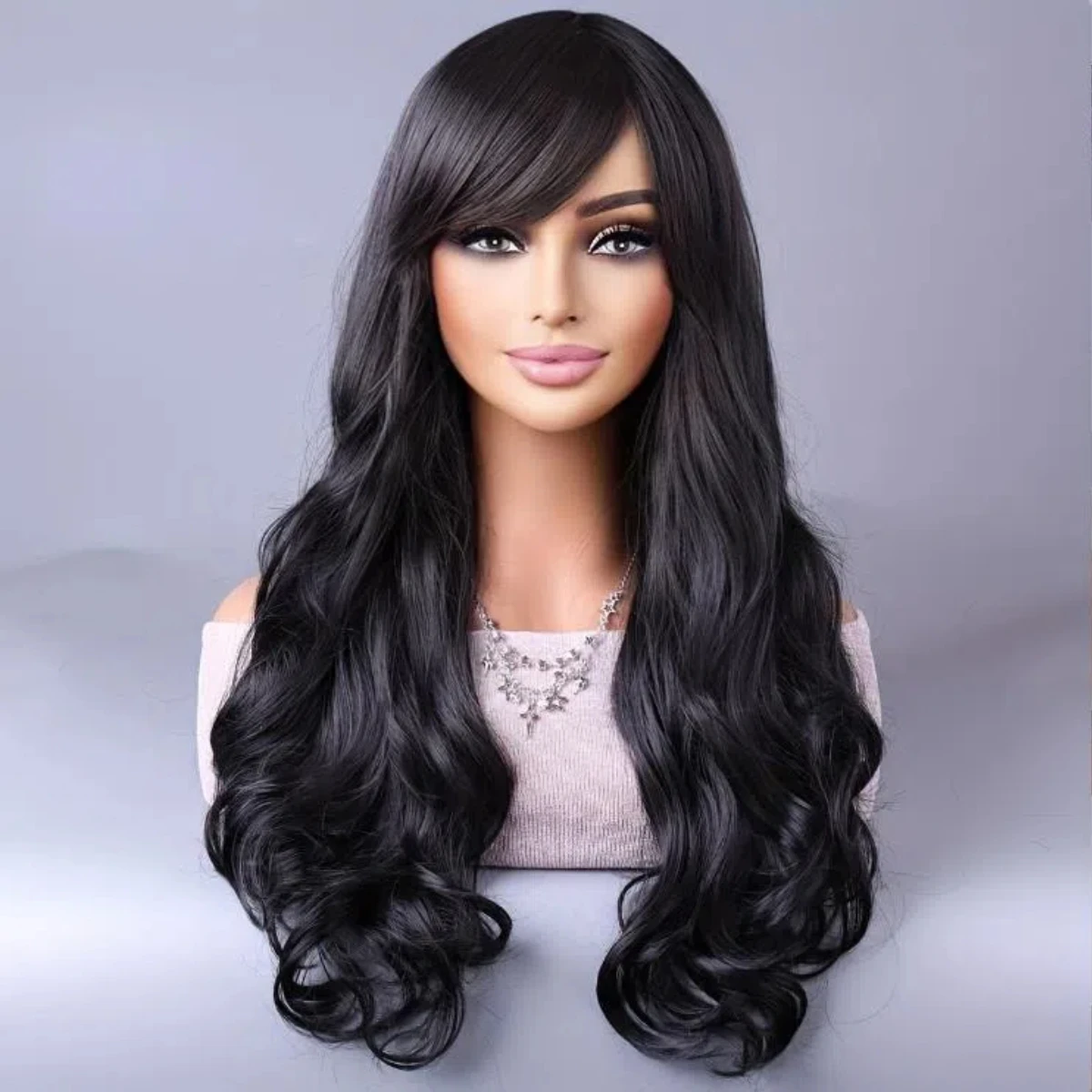 

Long Wavy Brown Synthetic Hair Wigs With Bangs for Women Natural Wave Wig Heat Resistant Synthetic Hair