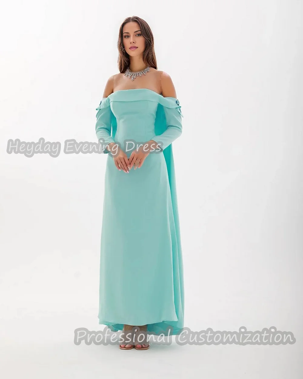 Heyday Off-the-shoulder Saudi Beaded Long Sleeves Straight Prom Gown Crepe Ankle Length Sexy Elegant luxury Dress For Women 2024