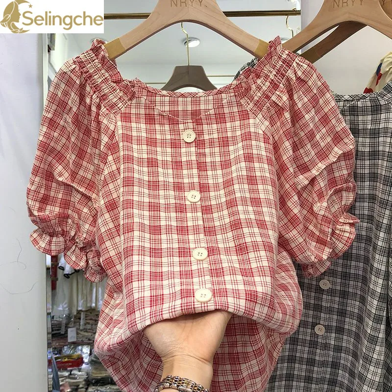 

Checkered One Shoulder Top Women's Short Sleeved Chiffon Top 2024 Summer New Fashionable and Temperament Age Reducing Top