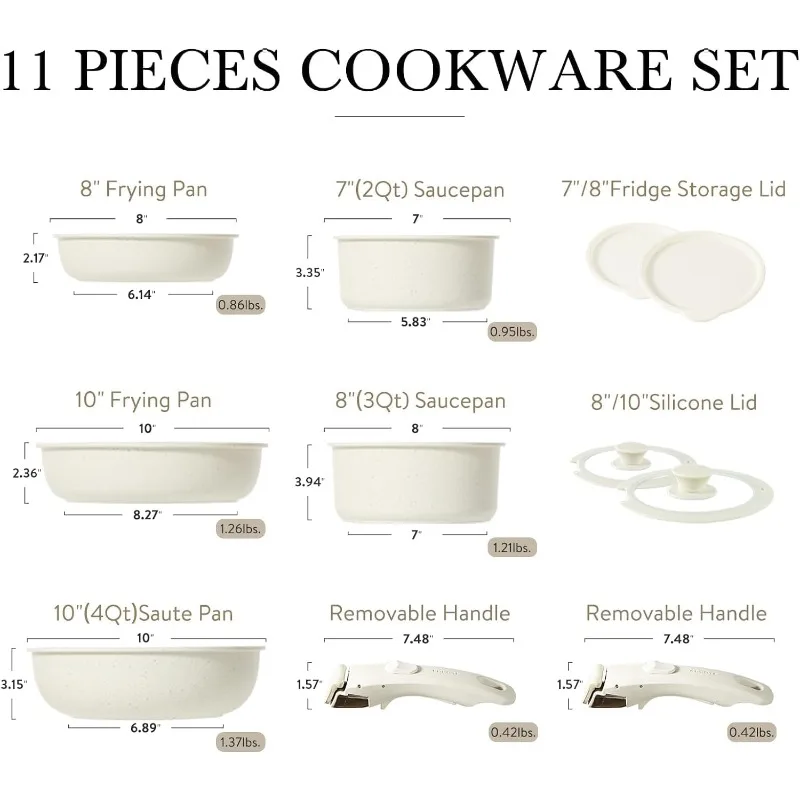 11pcs Pots and Pans Set Non Stick, Cookware Sets Detachable Handle, RV Kitchen Set Removable Handle, Oven Safe