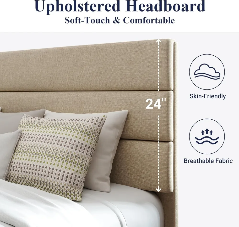Cadre de lit plateforme queen size avec tête de lit rembourrée, support à lattes en bois, aucun sommier tapissier nécessaire, assemblage facile en beige