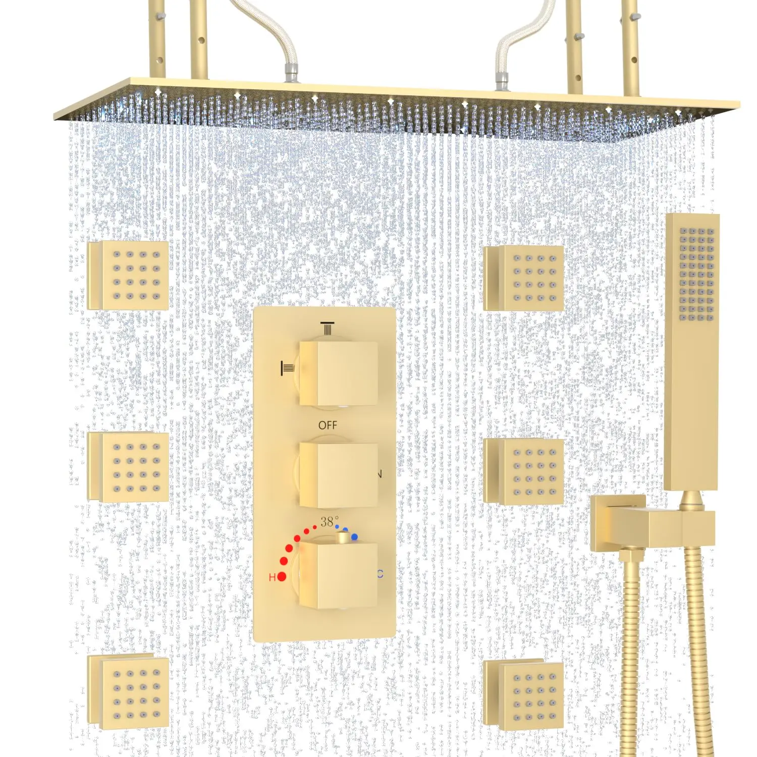 16 Inch Brass Rain Shower Head with Body Spray Thermostatic Shower Faucet Set Modern Design Wall Mount