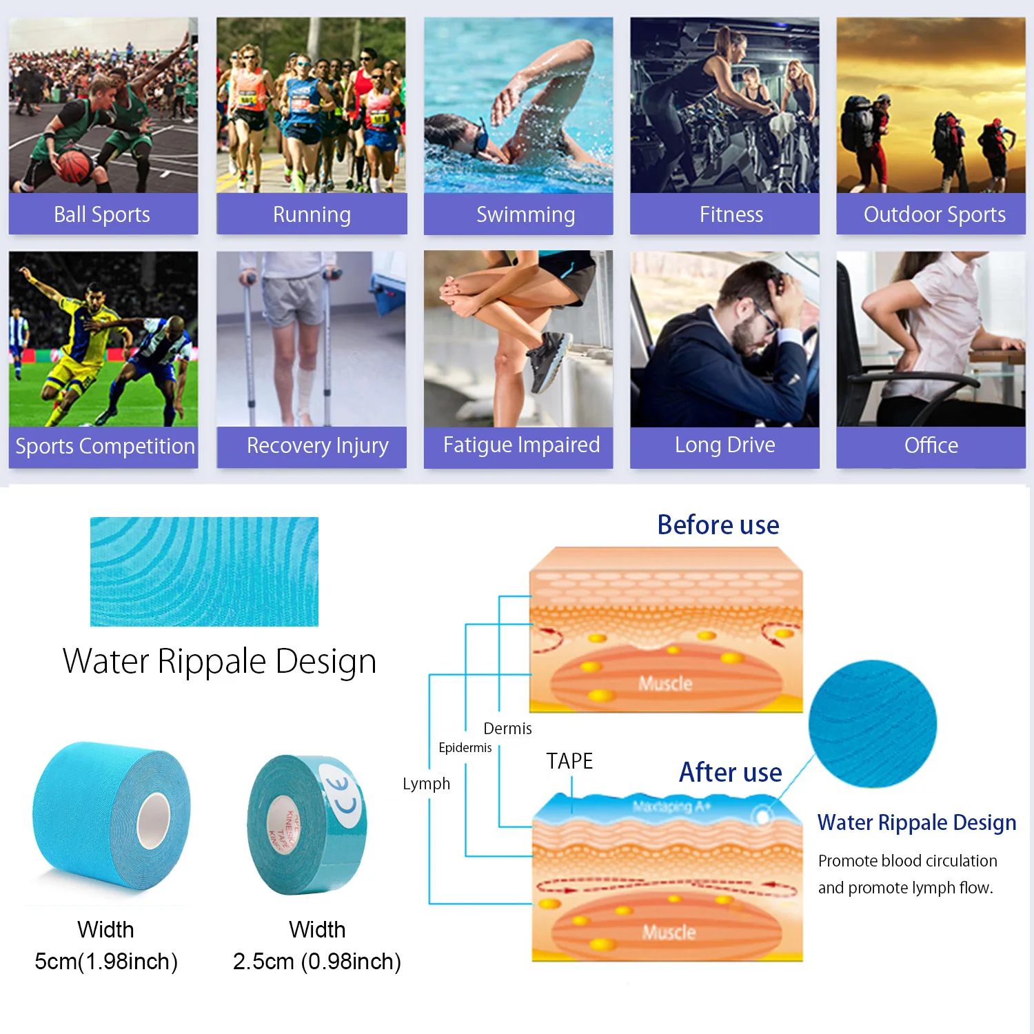 2.5cm/5 cm kinesiology tape breathable  waterproof sports