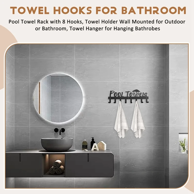 رف مناشف A21I-Pool مع 8 خطافات، حامل مناشف مثبت على الحائط للاستخدام الخارجي أو الحمام، شماعة منشفة لتعليق أردية الحمام