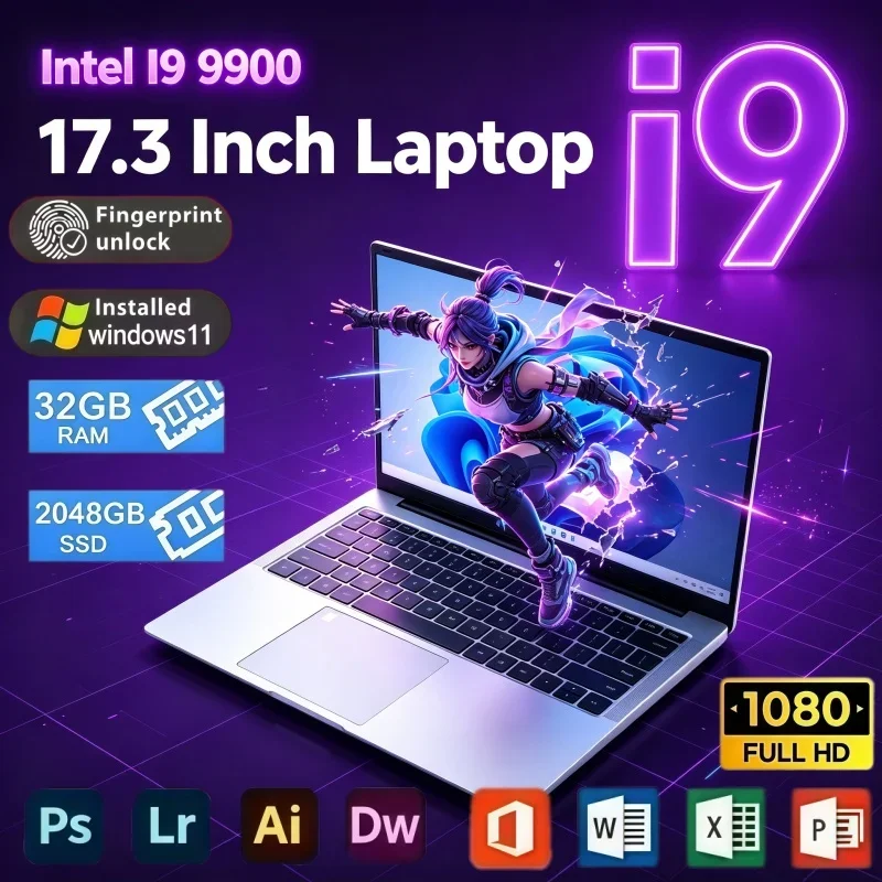 17.3 Inch Large View Screen Laptop Windows 11 Intel I9‑9900 32GB RAM 2TB SSD Fingerprint Unlock Gaming Notebook For Game Office