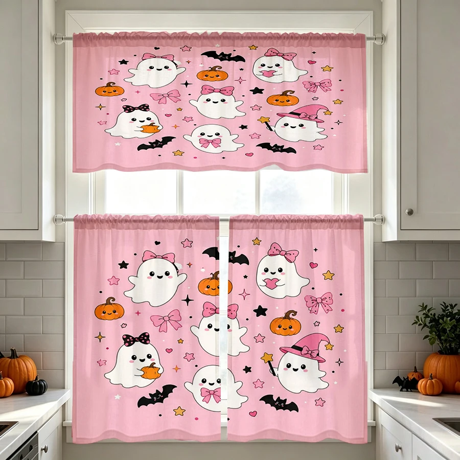 Halloween Fall Kitchen Curtains, Pink Ghost Pumpkin Bat, Digital Print, Kitchen Dining Room, Rod Pocket Polyester, Home Decor