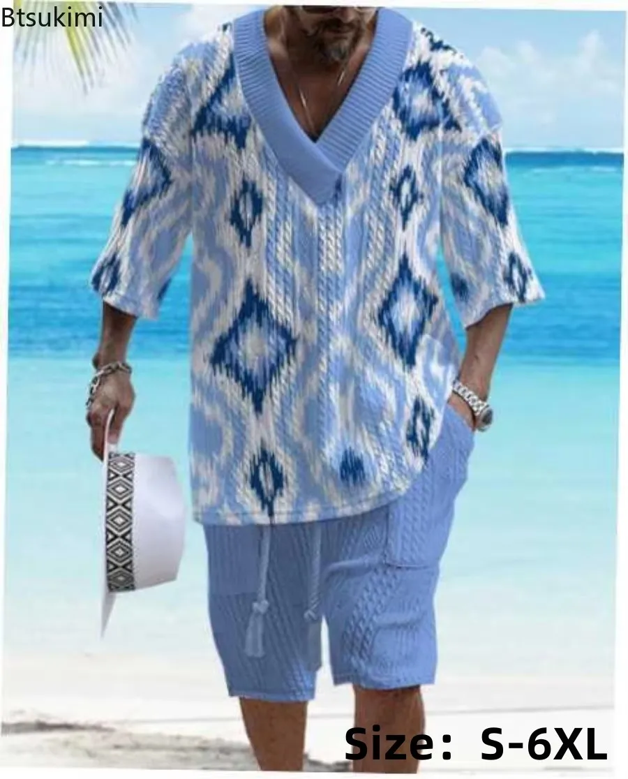 New 2026 Men's Summer Sets Loose Casual Sports Suit High-quality Jacquard V-neck Short-sleeved Shorts Two-piece Men's Clothing